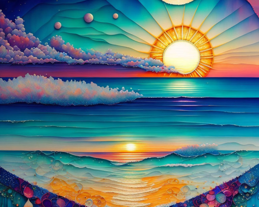 Colorful sunset illustration with multiple moons over ocean.