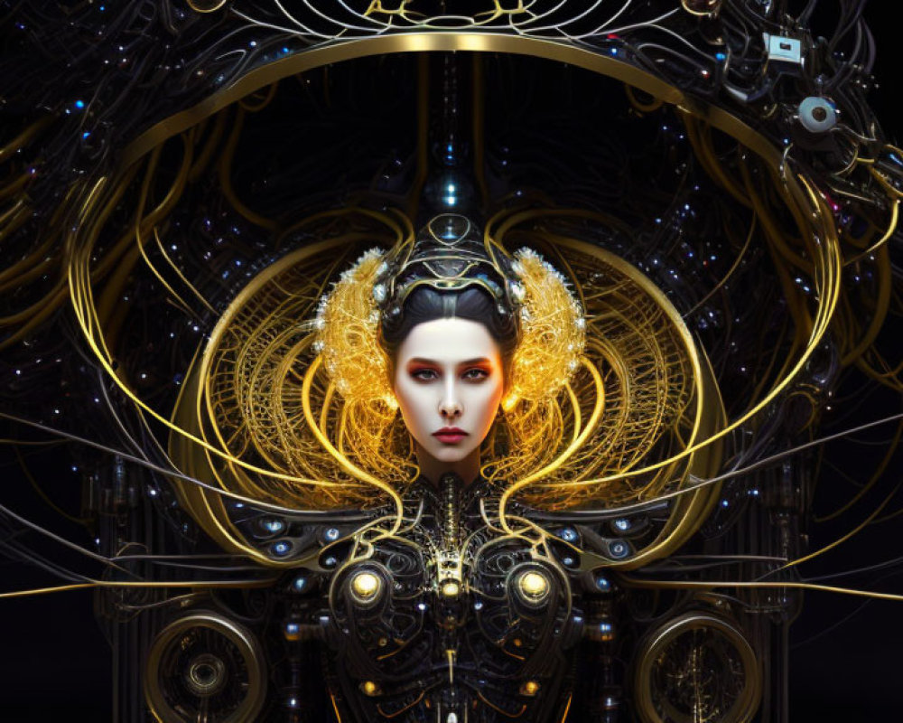 Futuristic digital artwork of female figure with golden headdress