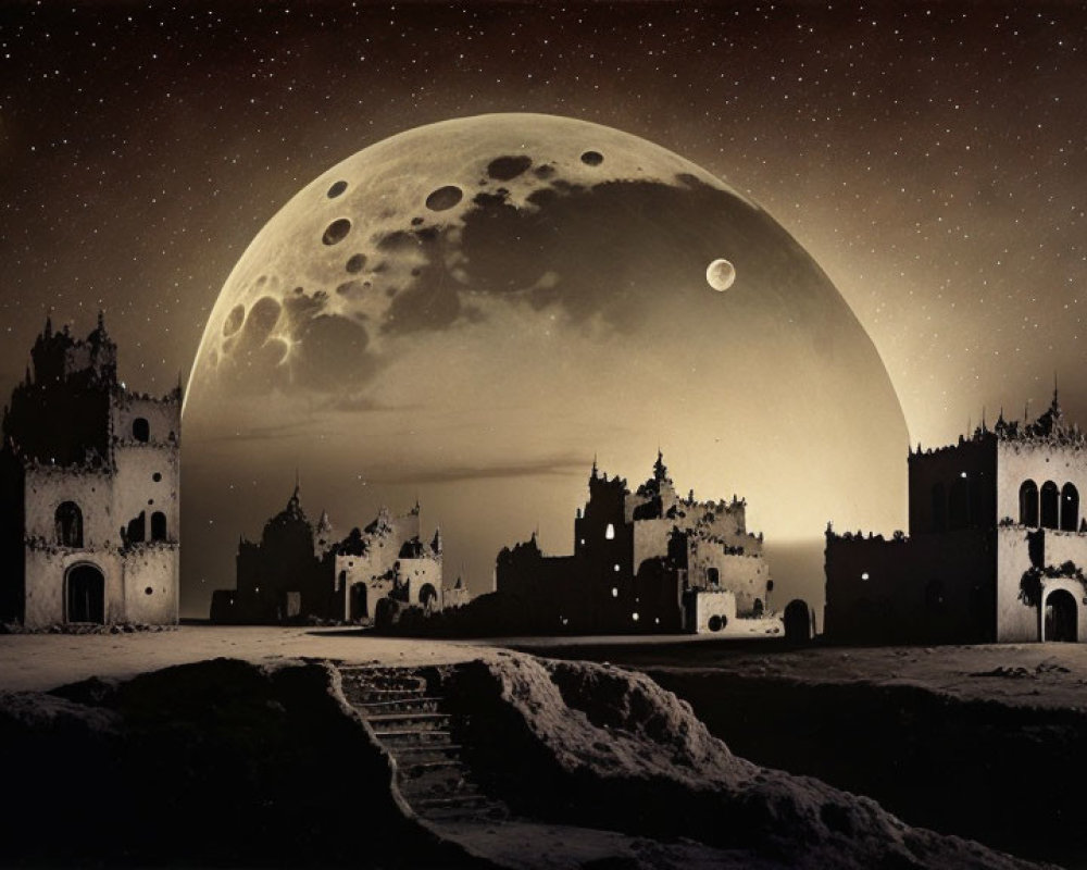 Fantastical night landscape with ancient castle ruins and oversized moon