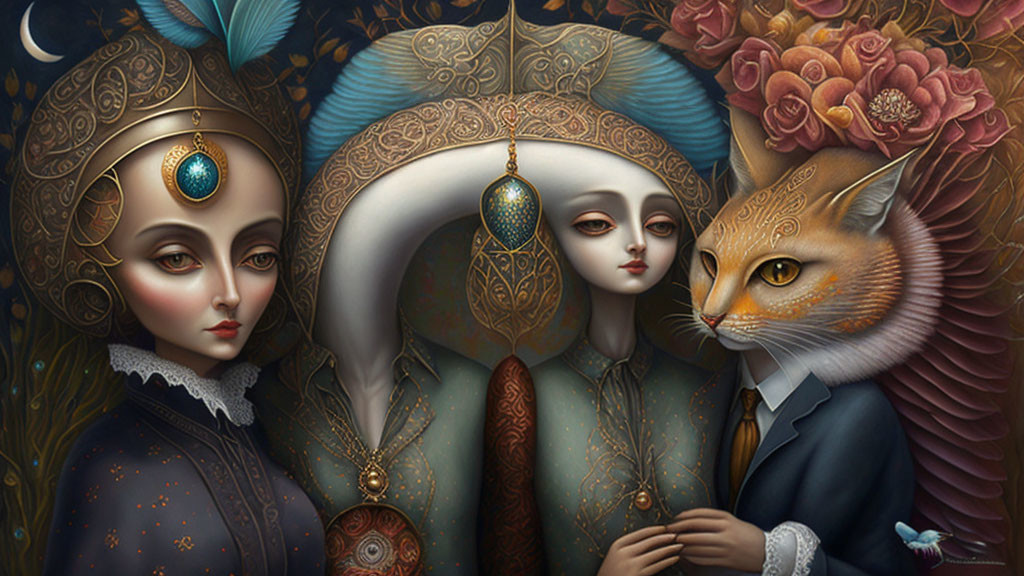 Surreal Artwork Featuring Female Figures, Cat, and Dark Florals