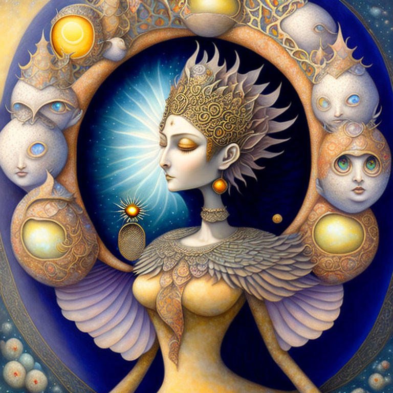 Detailed illustration of woman with golden feathered shoulders, celestial bodies, closed eyes, halo of faces.