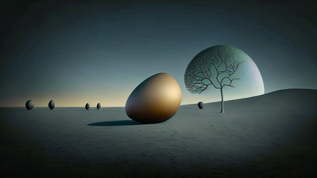 Surreal landscape with egg-shaped object and tree-like structure