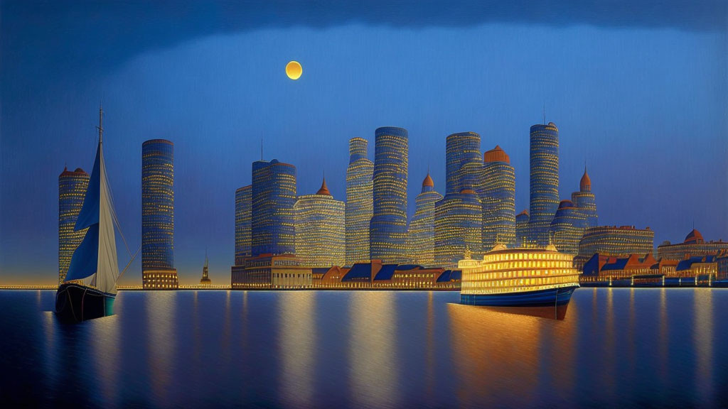 Tranquil cityscape with modern skyscrapers, sailboat, and full moon