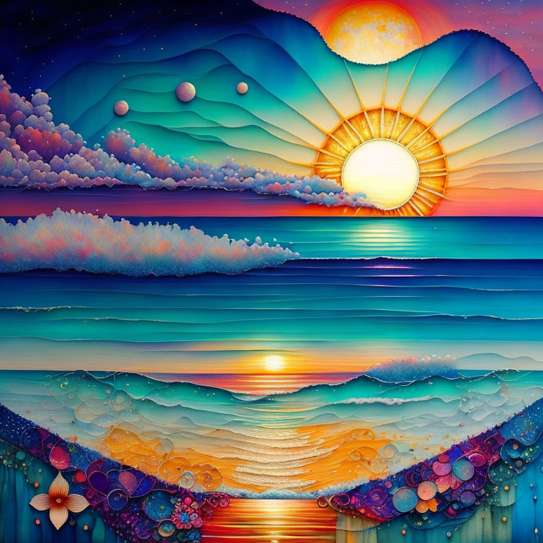 Colorful sunset illustration with multiple moons over ocean.