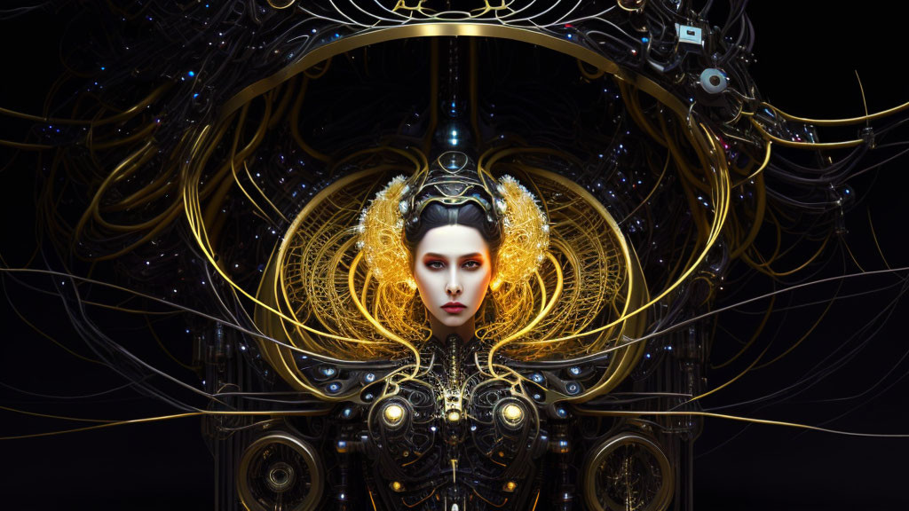 Futuristic digital artwork of female figure with golden headdress