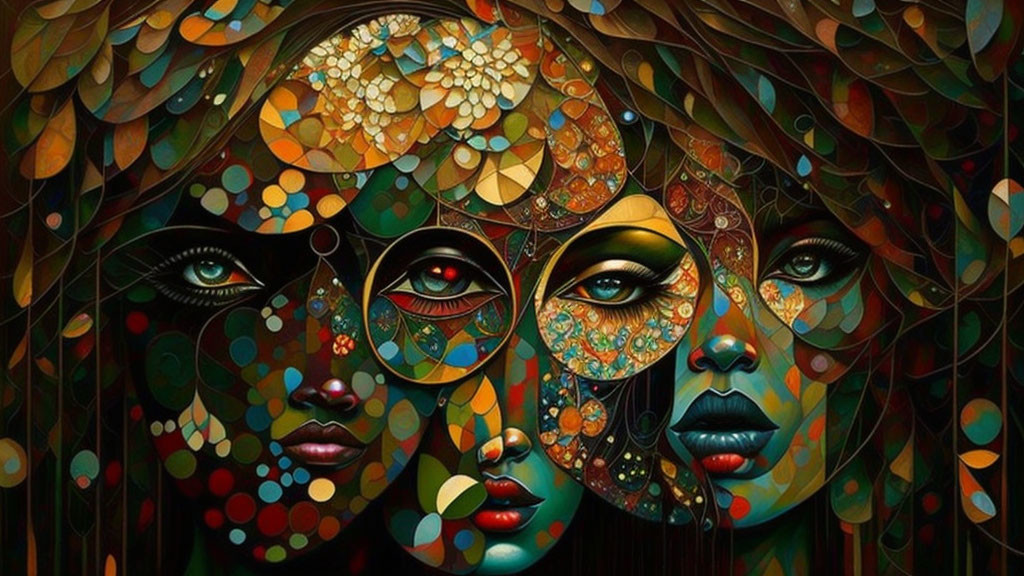 Colorful mosaic circles blend on women's faces against leafy backdrop