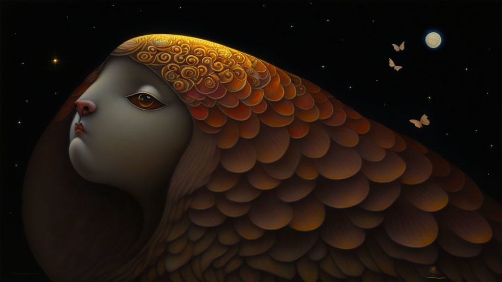 Illustration of creature with owl feathers gazing at night sky with stars and moon.