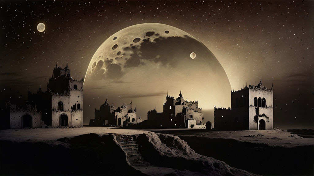 Fantastical night landscape with ancient castle ruins and oversized moon