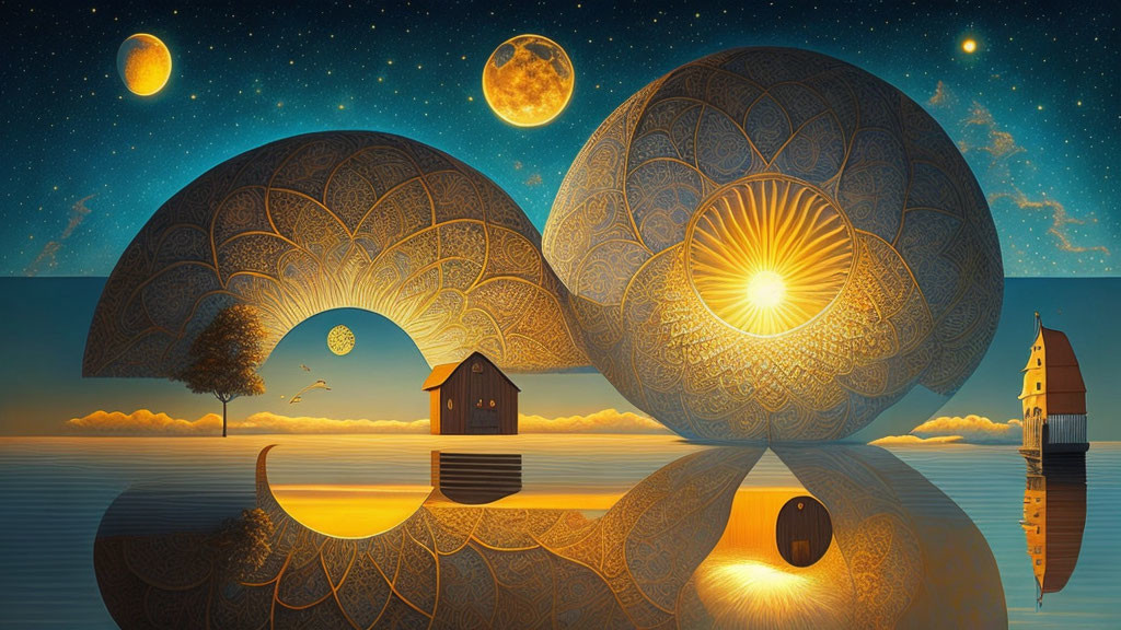 Surreal landscape with patterned spheres, house, boat, and dual moons