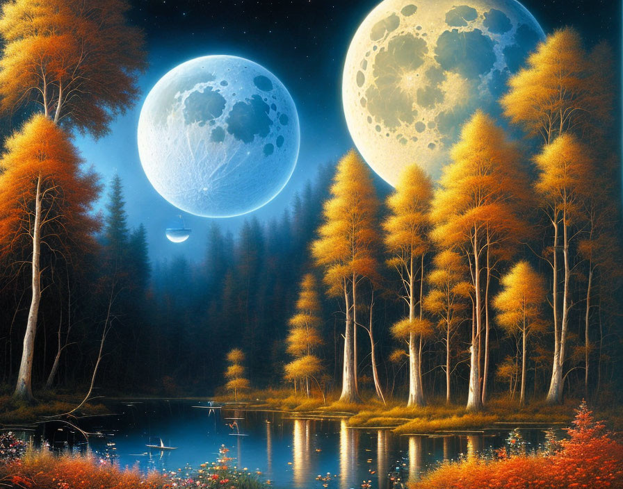 Tranquil forest scene with autumn trees, lake, and twin moons