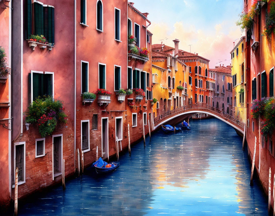 Vibrant Venice canal scene with colorful buildings and gondolas