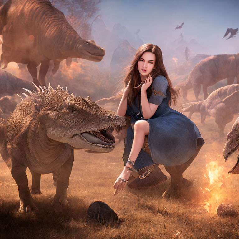 Woman in blue dress with realistic dinosaur in prehistoric landscape