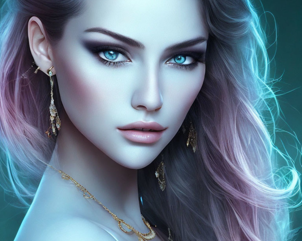 Portrait of a woman with blue eyes, ombre hair, earrings, and gold necklace on teal