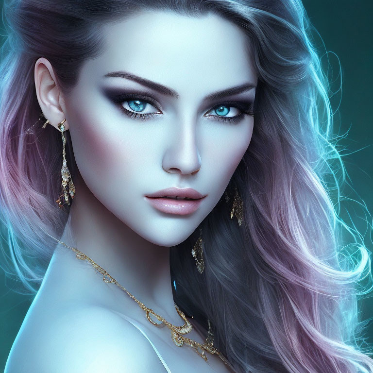 Portrait of a woman with blue eyes, ombre hair, earrings, and gold necklace on teal