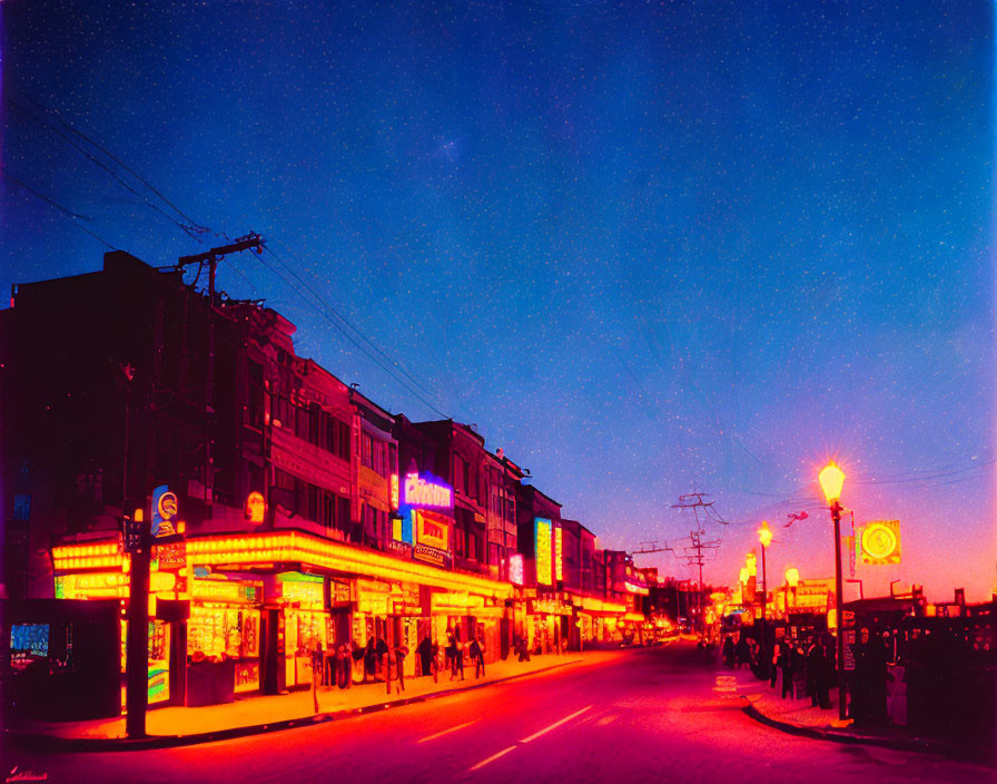 Twilight city street with neon signs and pedestrians at night