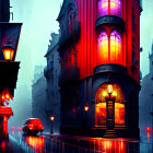 Rainy evening in European cityscape with neon lights, red bus, and grand building