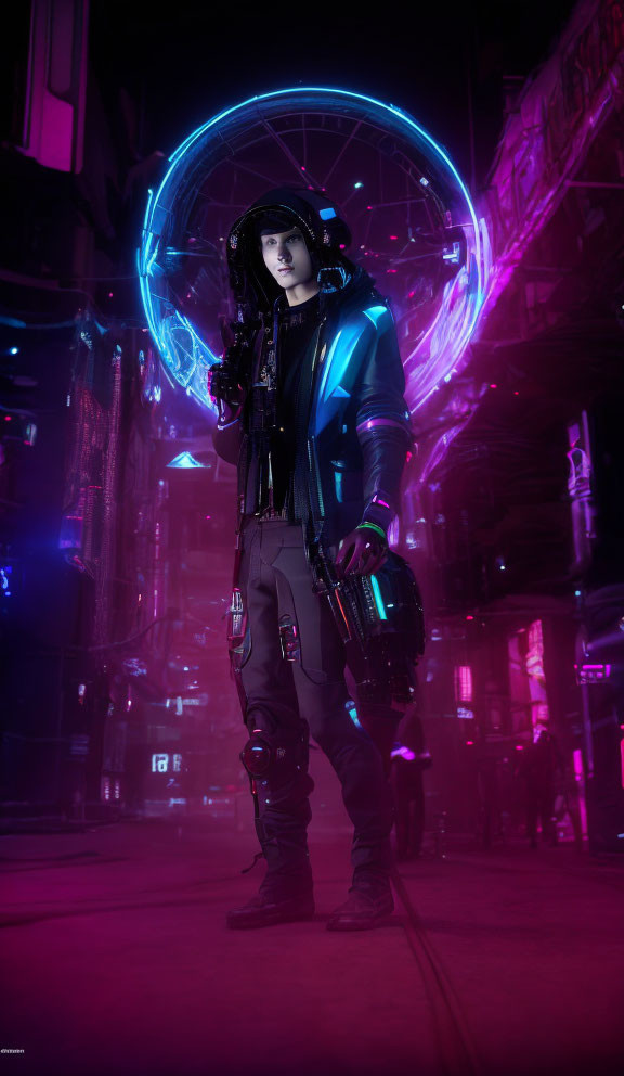 Futuristic cyberpunk character with high-tech weapon in neon-lit alley