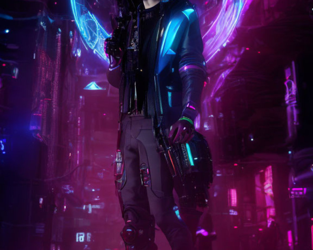 Futuristic cyberpunk character with high-tech weapon in neon-lit alley