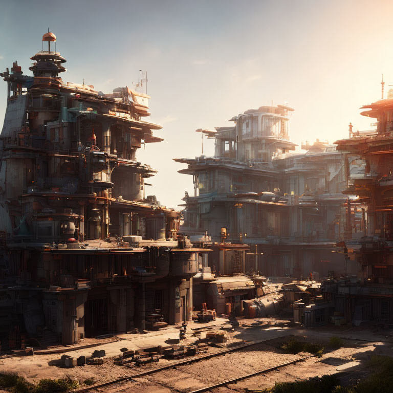 Futuristic cityscape with towering buildings and blend of traditional architecture at sunset