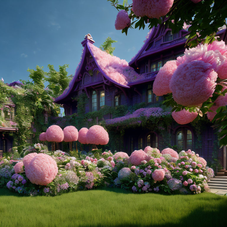 Victorian House with Purple Hues and Fantastical Pink Flowers