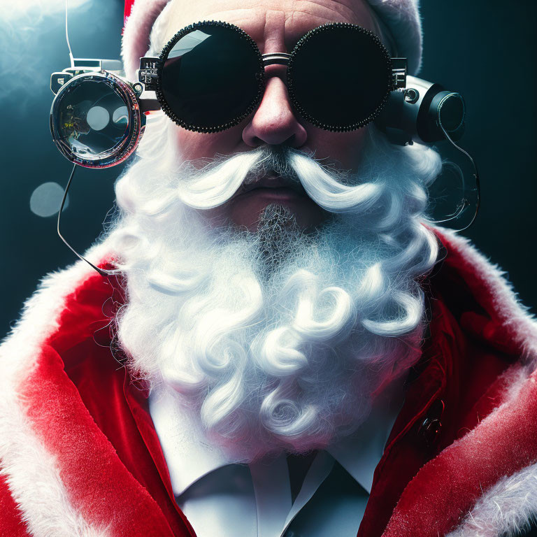 Futuristic Santa Claus with steampunk goggles and luxurious beard