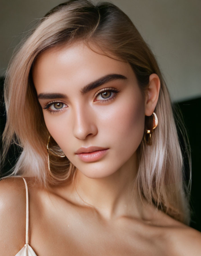 Portrait of a person with brown eyes, blonde hair, and gold earrings wearing beige top