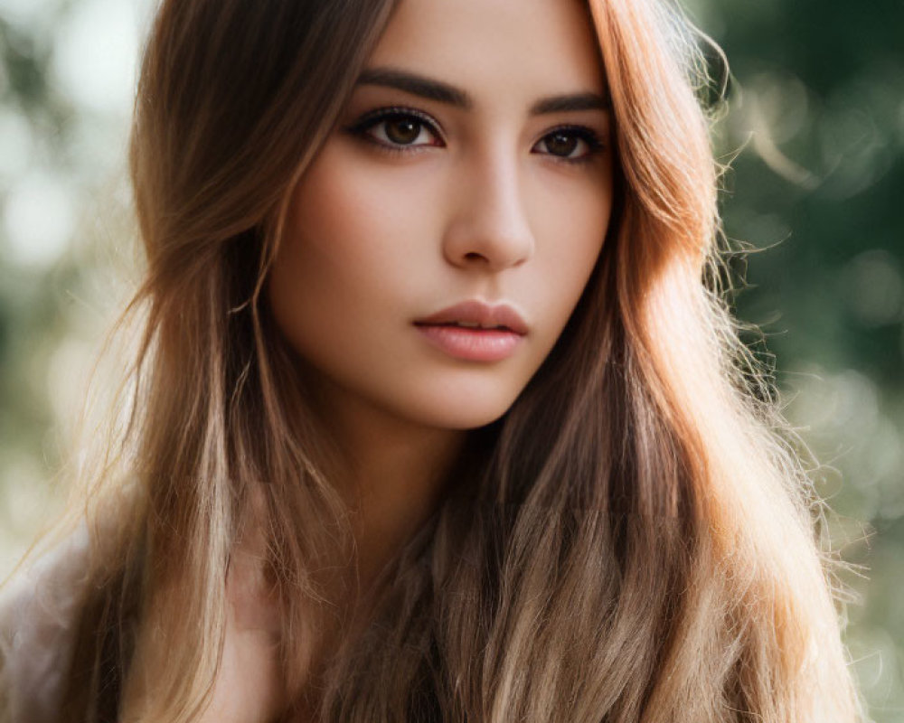 Portrait of Woman with Flowing Hair and Intense Eyes on Blurred Nature Background