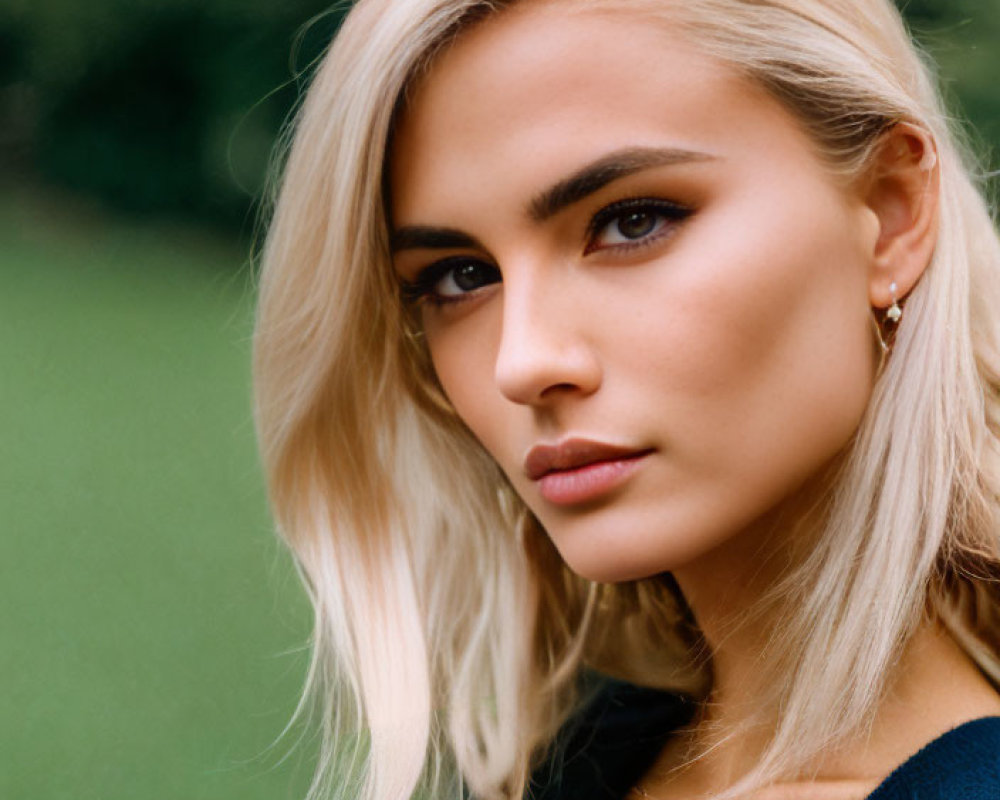 Blonde woman portrait in blue top with subtle smile