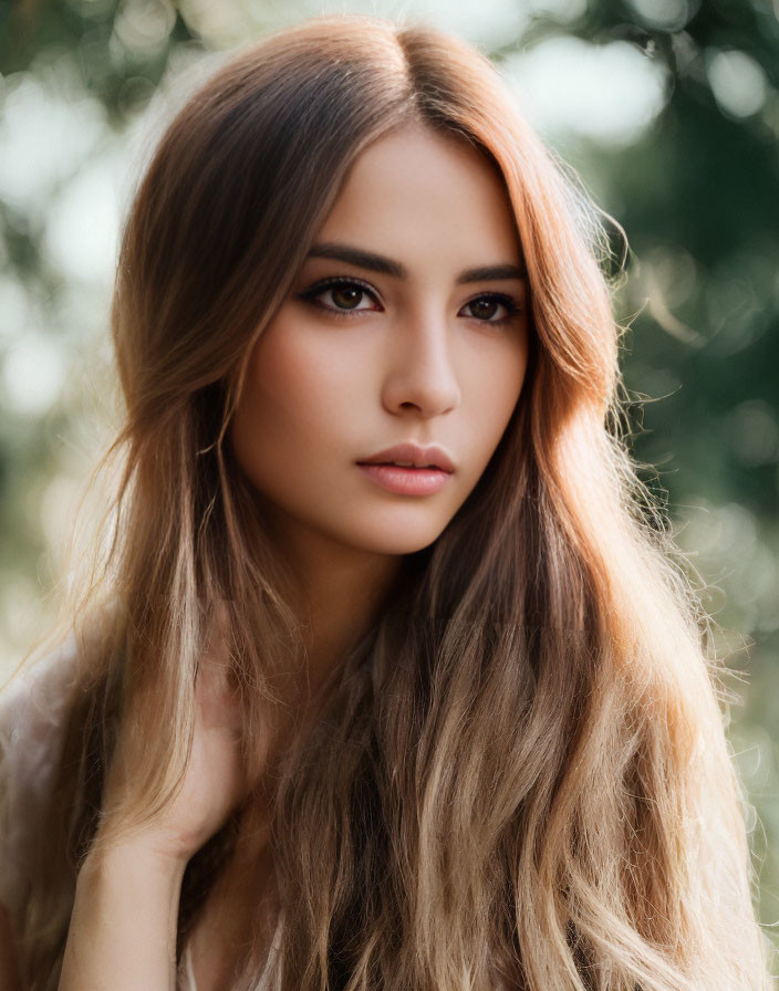 Portrait of Woman with Flowing Hair and Intense Eyes on Blurred Nature Background