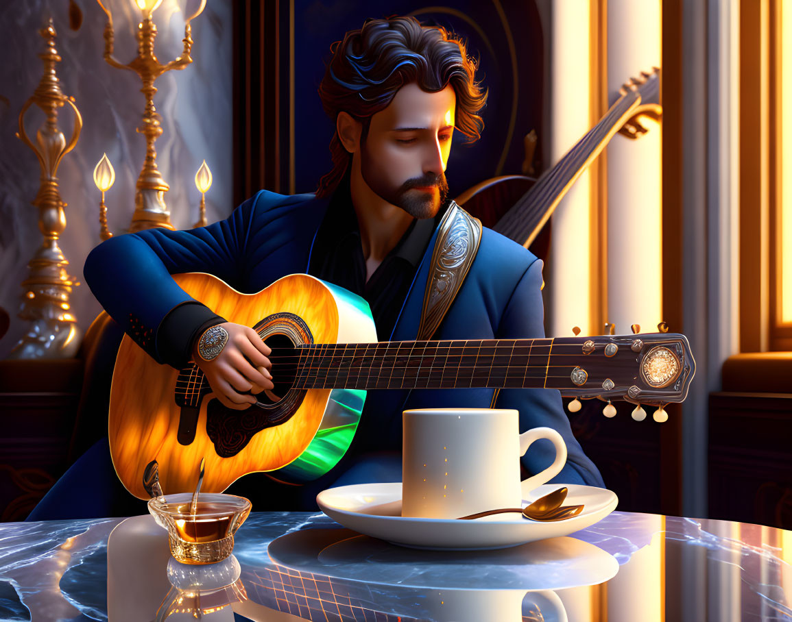 Digital illustration of man with guitar in elegant room