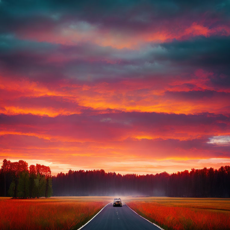 Scenic sunset with orange and red hues over road and car in nature landscape