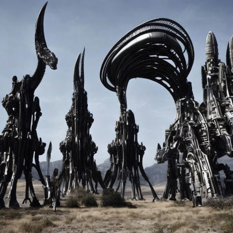 Desolate landscape with tall alien structures and spiral construction