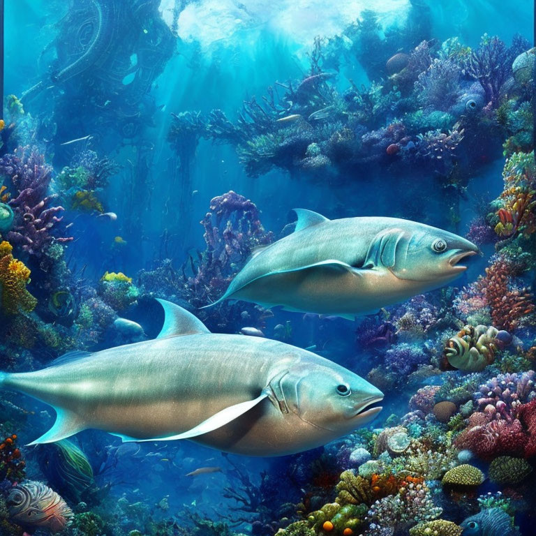 Colorful Coral Reef with Large Fish and Underwater Structure in Blue Ocean Light