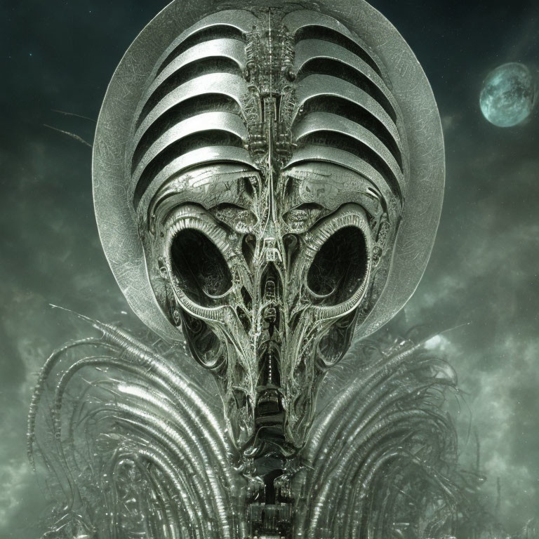 Metallic alien skull with rib-like structures on green space backdrop.