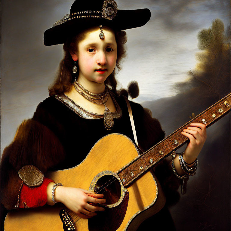 Young girl in vintage outfit with guitar and wide-brimmed hat in classical oil painting style