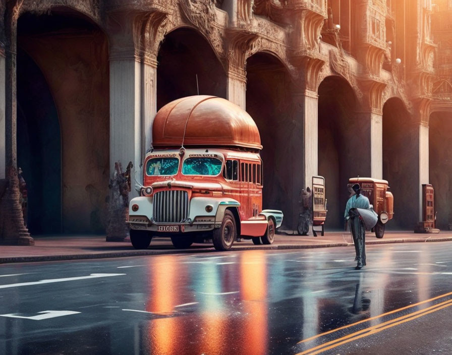 Vintage Red Bus and Man Crossing City Street in Sunlight