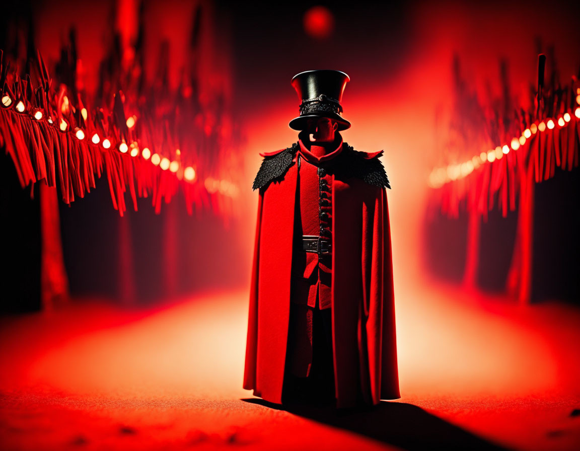 Mysterious Figure in Black Hat and Red Cape on Dark Red Stage