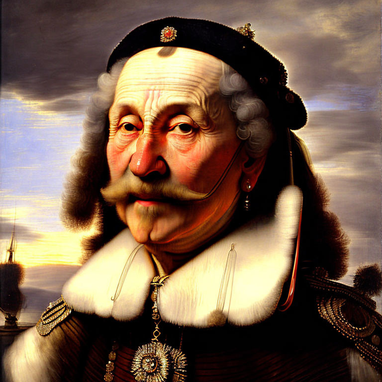 17th-Century Male Portrait in Military Attire with White Ruff and Mustache