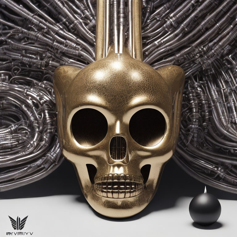 Bronze skull mask with coiled springs and black sphere on reflective surface