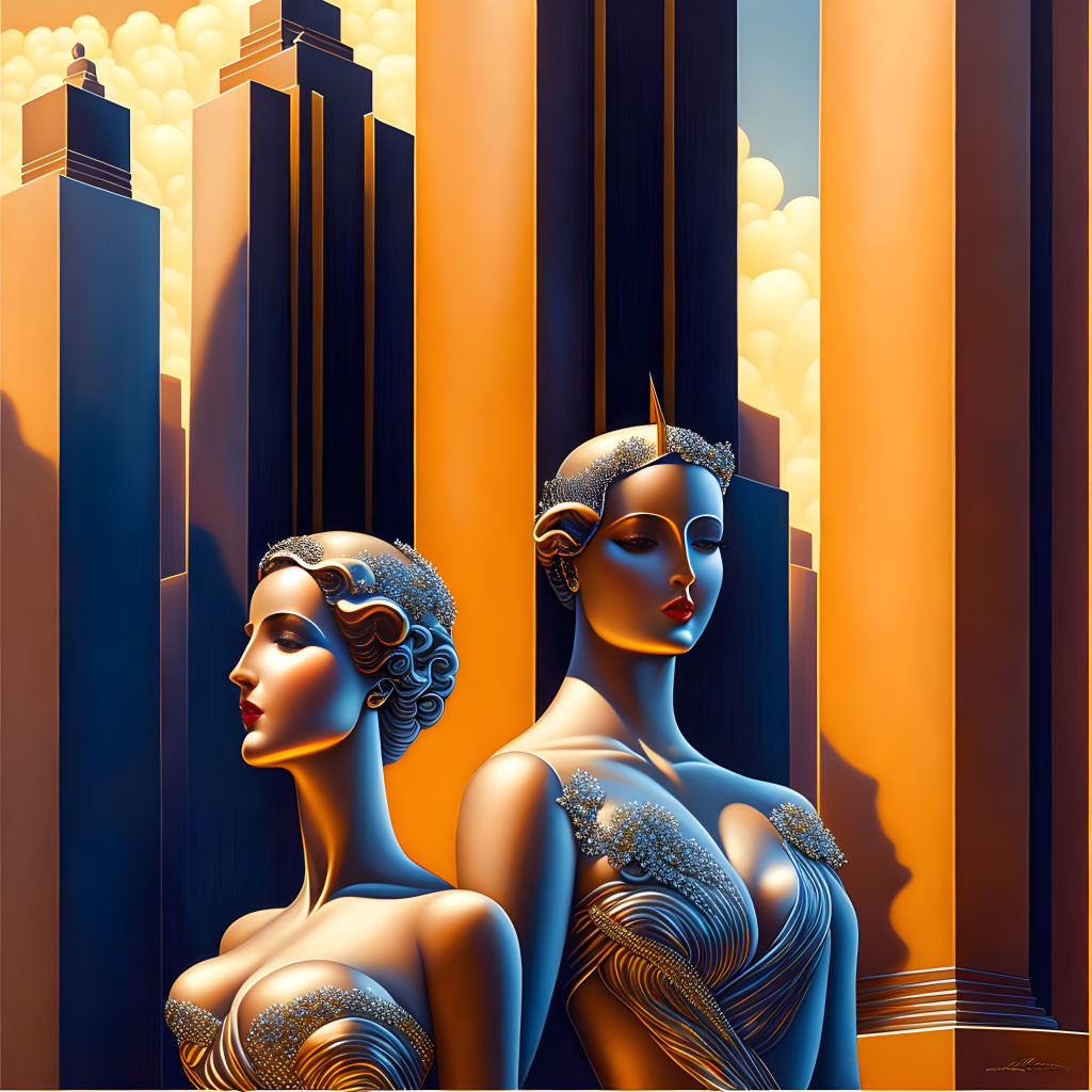 Art Deco Style Illustration of Two Female Figures in Elegant Dresses