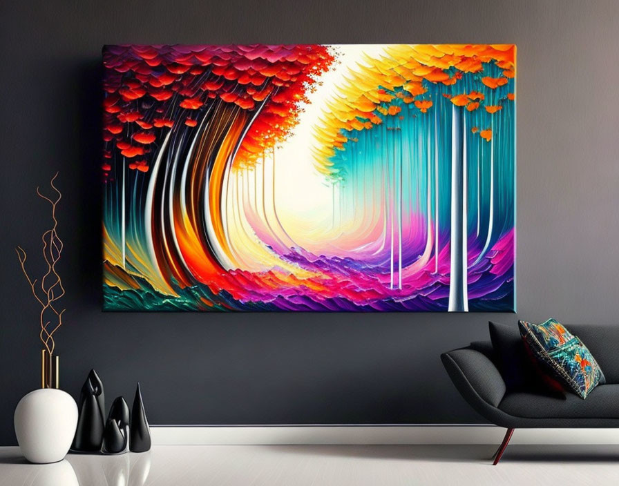 Colorful Abstract Forest Painting Displayed in Modern Living Room