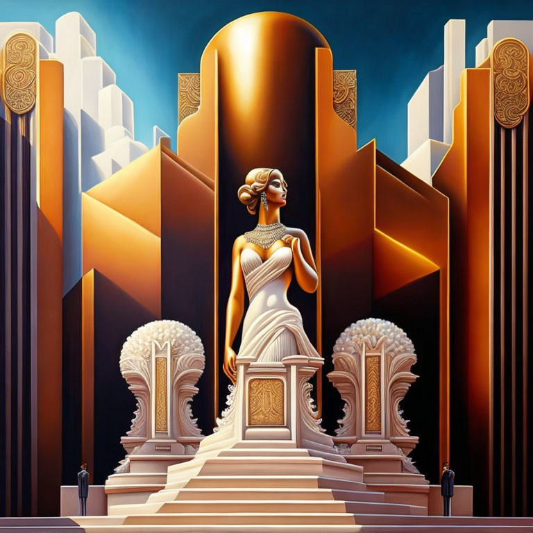 Golden statue and ornate Art Deco illustration with stylized buildings and stairs.