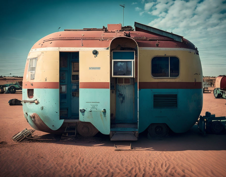 Vintage Turquoise and Yellow Caravan on Sandy Terrain under Clear Sky