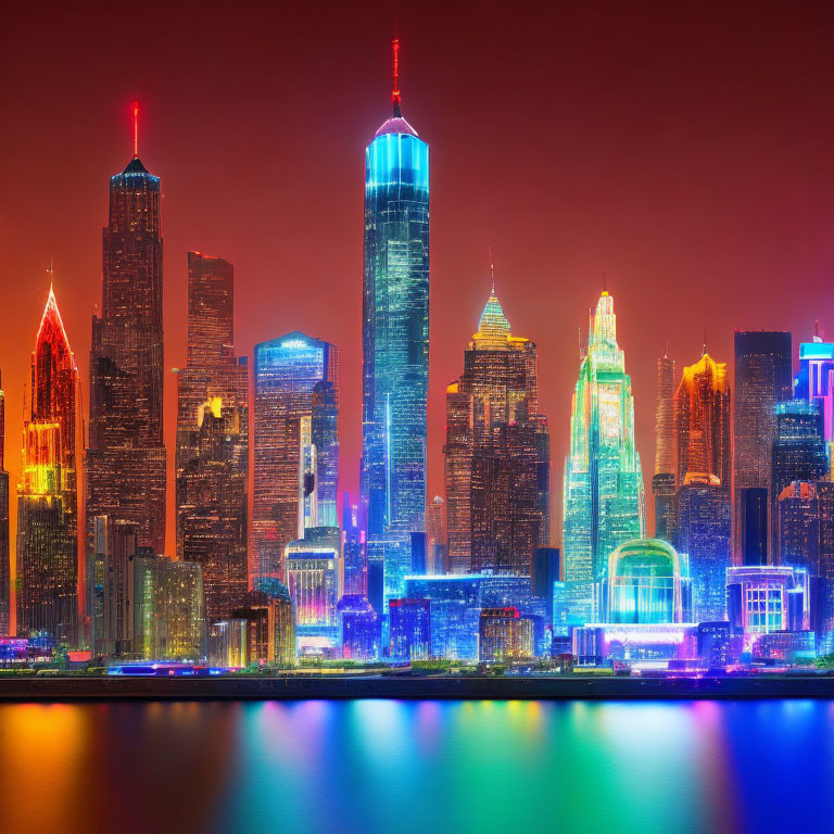 Colorful illuminated modern city skyline at night reflected in water