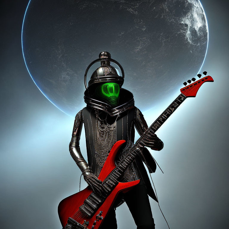 Astronaut in black space gear plays red electric guitar with green visor, eclipsed moon backdrop