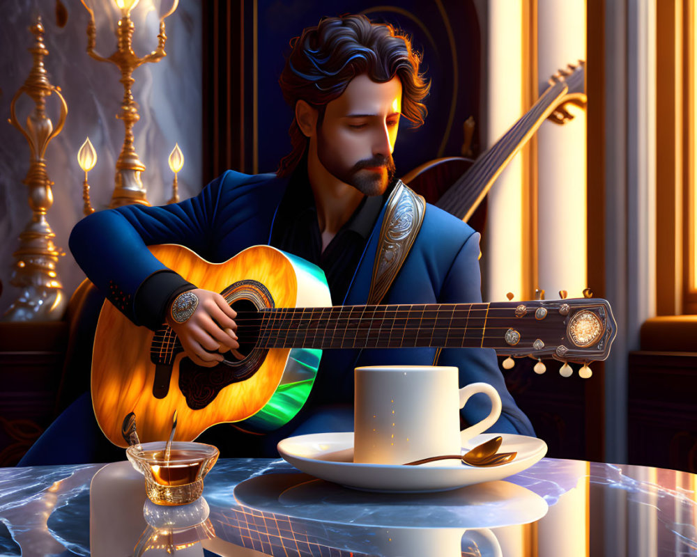 Digital illustration of man with guitar in elegant room