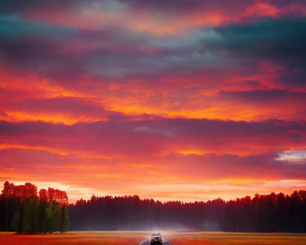 Scenic sunset with orange and red hues over road and car in nature landscape