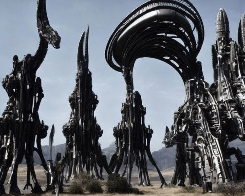 Desolate landscape with tall alien structures and spiral construction