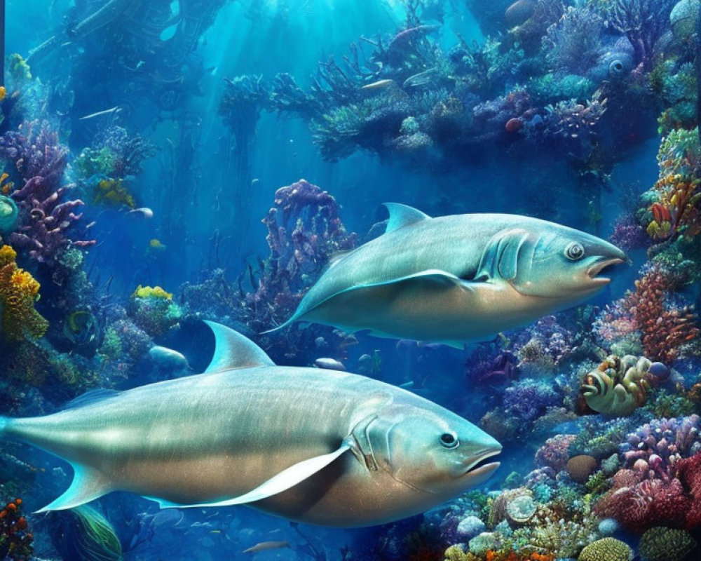 Colorful Coral Reef with Large Fish and Underwater Structure in Blue Ocean Light