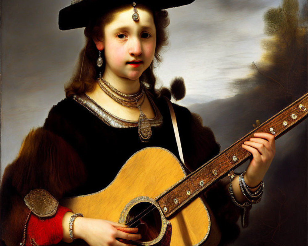 Young girl in vintage outfit with guitar and wide-brimmed hat in classical oil painting style